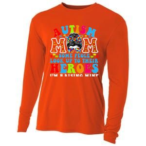 Autism Mom Raising Hero Groovy Messy Bun Autism Awareness Gift Cooling Performance Long Sleeve Crew