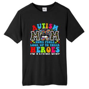 Autism Mom Raising Hero Groovy Messy Bun Autism Awareness Gift Tall Fusion ChromaSoft Performance T-Shirt