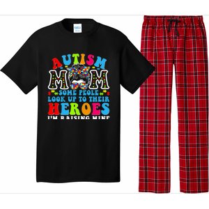 Autism Mom Raising Hero Groovy Messy Bun Autism Awareness Gift Pajama Set