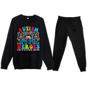 Autism Mom Raising Hero Groovy Messy Bun Autism Awareness Gift Premium Crewneck Sweatsuit Set