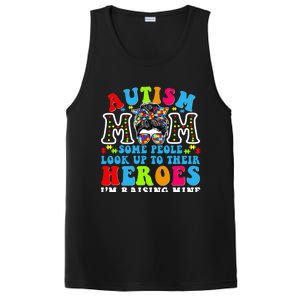 Autism Mom Raising Hero Groovy Messy Bun Autism Awareness Gift PosiCharge Competitor Tank