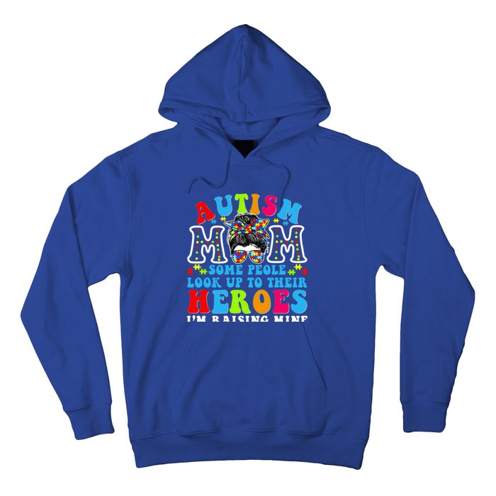 Autism Mom Raising Hero Groovy Messy Bun Autism Awareness Gift Hoodie