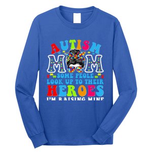 Autism Mom Raising Hero Groovy Messy Bun Autism Awareness Gift Long Sleeve Shirt