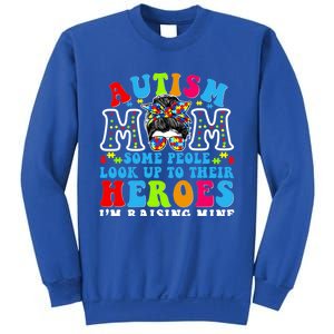 Autism Mom Raising Hero Groovy Messy Bun Autism Awareness Gift Sweatshirt