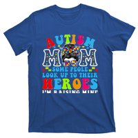 Autism Mom Raising Hero Groovy Messy Bun Autism Awareness Gift T-Shirt