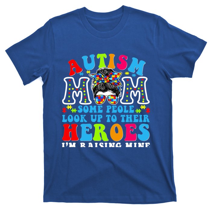 Autism Mom Raising Hero Groovy Messy Bun Autism Awareness Gift T-Shirt