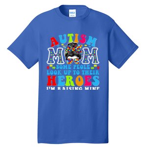 Autism Mom Raising Hero Groovy Messy Bun Autism Awareness Gift Tall T-Shirt