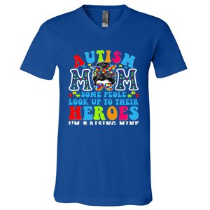 Autism Mom Raising Hero Groovy Messy Bun Autism Awareness Gift V-Neck T-Shirt