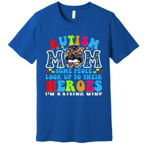 Autism Mom Raising Hero Groovy Messy Bun Autism Awareness Gift Premium T-Shirt