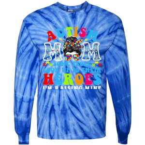 Autism Mom Raising Hero Groovy Messy Bun Autism Awareness Gift Tie-Dye Long Sleeve Shirt