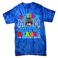 Autism Mom Raising Hero Groovy Messy Bun Autism Awareness Gift Tie-Dye T-Shirt