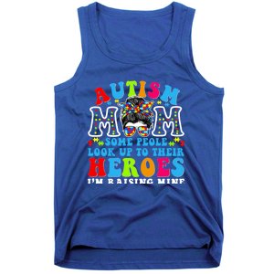 Autism Mom Raising Hero Groovy Messy Bun Autism Awareness Gift Tank Top