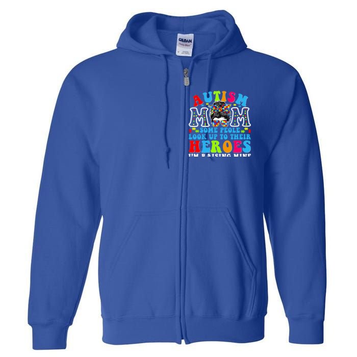 Autism Mom Raising Hero Groovy Messy Bun Autism Awareness Gift Full Zip Hoodie