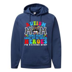 Autism Mom Raising Hero Groovy Messy Bun Autism Awareness Gift Performance Fleece Hoodie