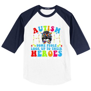 Autism Mom Raising Hero Groovy Messy Bun Autism Awareness Gift Baseball Sleeve Shirt