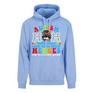 Autism Mom Raising Hero Groovy Messy Bun Autism Awareness Gift Unisex Surf Hoodie