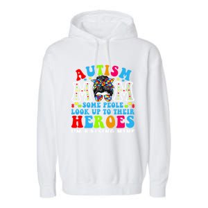 Autism Mom Raising Hero Groovy Messy Bun Autism Awareness Gift Garment-Dyed Fleece Hoodie