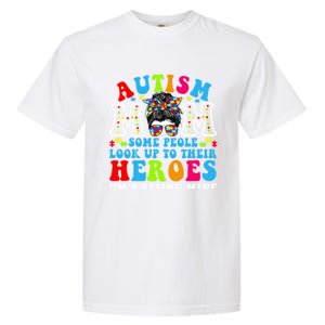 Autism Mom Raising Hero Groovy Messy Bun Autism Awareness Gift Garment-Dyed Heavyweight T-Shirt