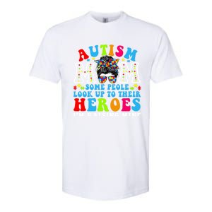 Autism Mom Raising Hero Groovy Messy Bun Autism Awareness Gift Softstyle CVC T-Shirt