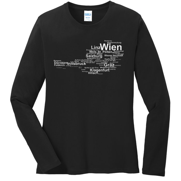 Austria Map Silhouette Cities Towns Travel Vacation Vienna Ladies Long Sleeve Shirt