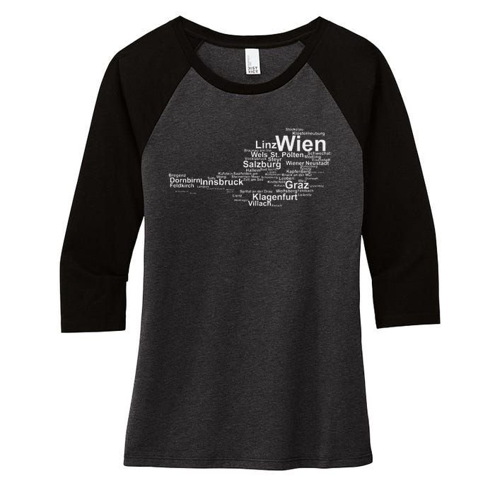 Austria Map Silhouette Cities Towns Travel Vacation Vienna Women's Tri-Blend 3/4-Sleeve Raglan Shirt