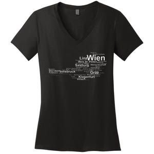 Austria Map Silhouette Cities Towns Travel Vacation Vienna Women's V-Neck T-Shirt