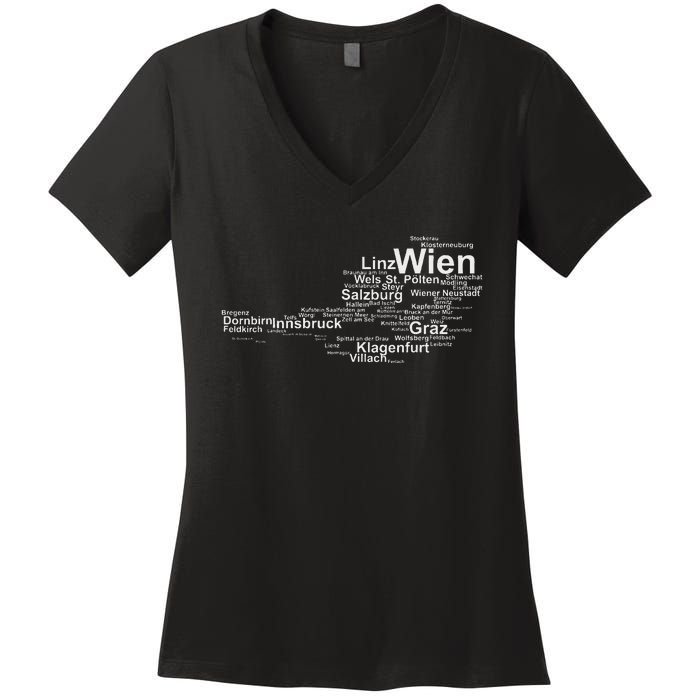 Austria Map Silhouette Cities Towns Travel Vacation Vienna Women's V-Neck T-Shirt