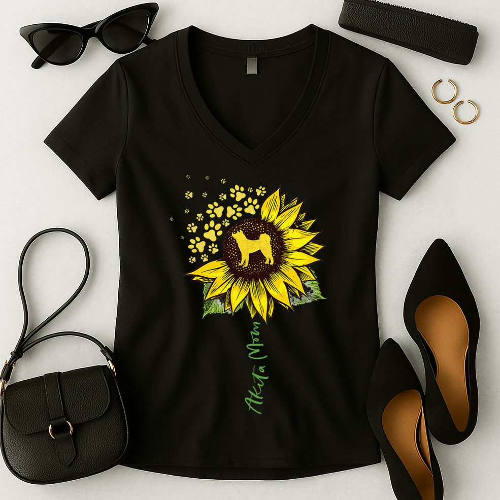 Akita Mom Sunflower Akita Inu Lover Gifts Dog Mom Women's V-Neck T-Shirt