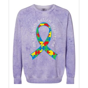 Autism Mom Son Puzzle Ribbon Awareness Tee Colorblast Crewneck Sweatshirt