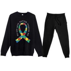 Autism Mom Son Puzzle Ribbon Awareness Tee Premium Crewneck Sweatsuit Set