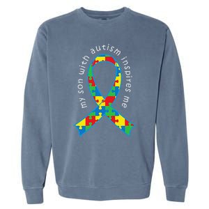 Autism Mom Son Puzzle Ribbon Awareness Tee Garment-Dyed Sweatshirt