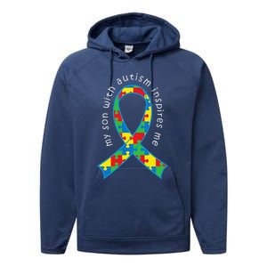 Autism Mom Son Puzzle Ribbon Awareness Tee Performance Fleece Hoodie