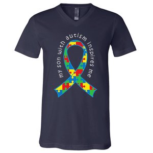 Autism Mom Son Puzzle Ribbon Awareness Tee V-Neck T-Shirt