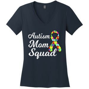 Autism Mom Squad Autism Awareness Puzzle Ribbon Women's V-Neck T-Shirt