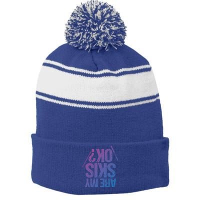 Are My Ski Ok? Skiing Snow Mountain Winter Great Gift Stripe Pom Pom Beanie