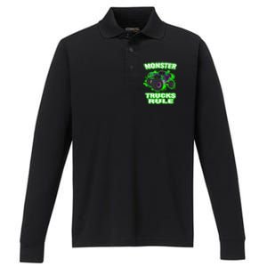 Awesome Monster Trucks Rule Performance Long Sleeve Polo