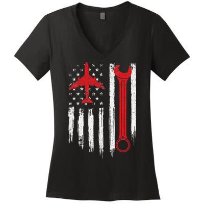 Airplane Mechanic Tools Aviation Technician Plane Lover Women's V-Neck T-Shirt