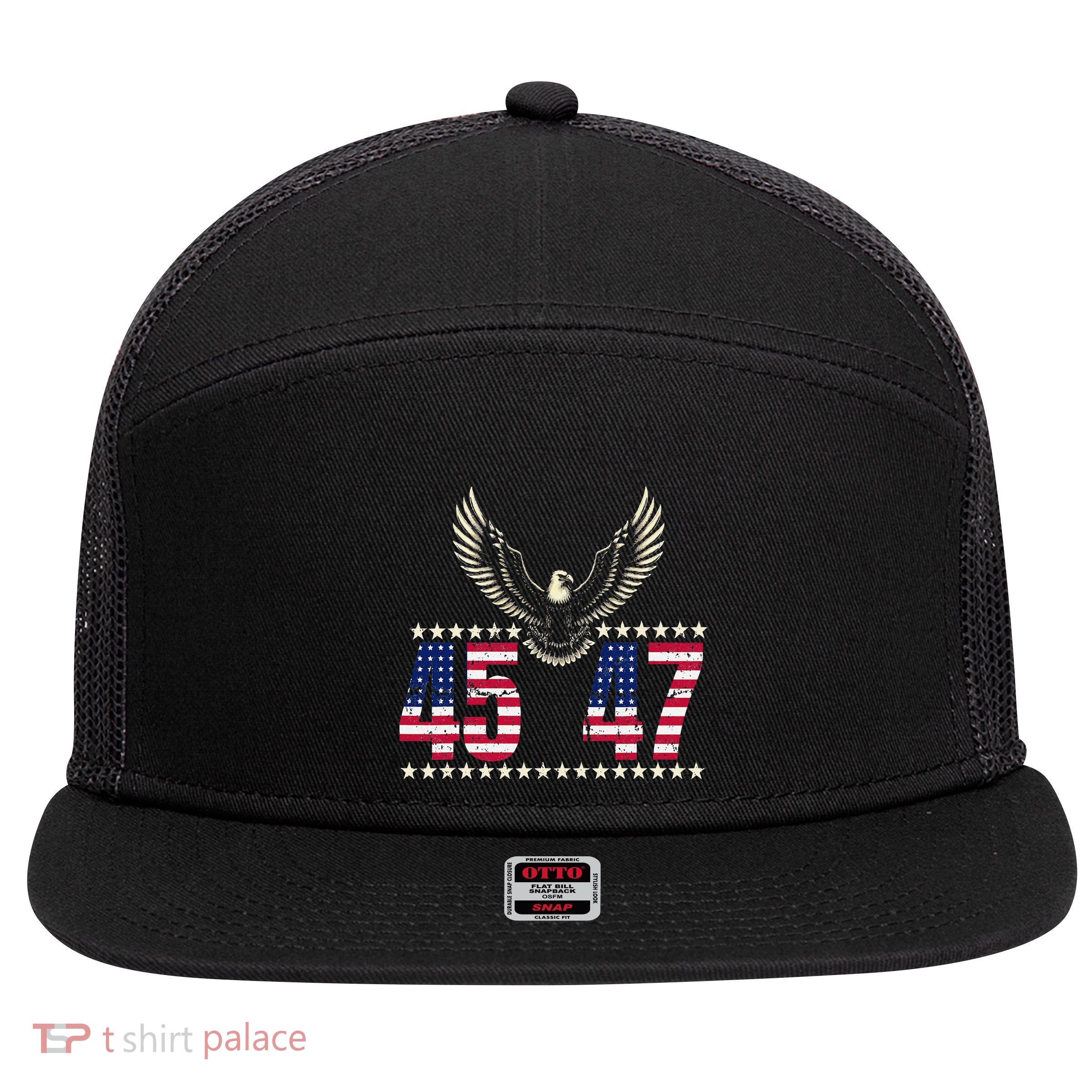 American Made Trump Merchandise Trump 45 47 Trump 2025 7 Panel Mesh Trucker Snapback Hat