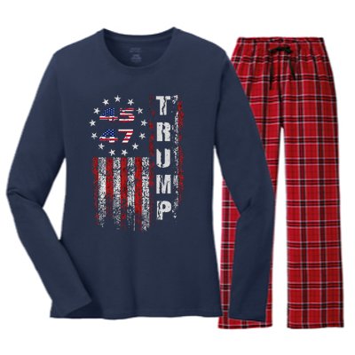 American Made Trump Merchandise Flag Trump 45 47 Trump 2025 Women's Long Sleeve Flannel Pajama Set 