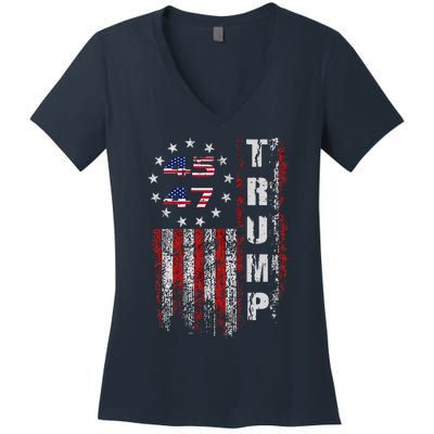 American Made Trump Merchandise Flag Trump 45 47 Trump 2025 Women's V-Neck T-Shirt