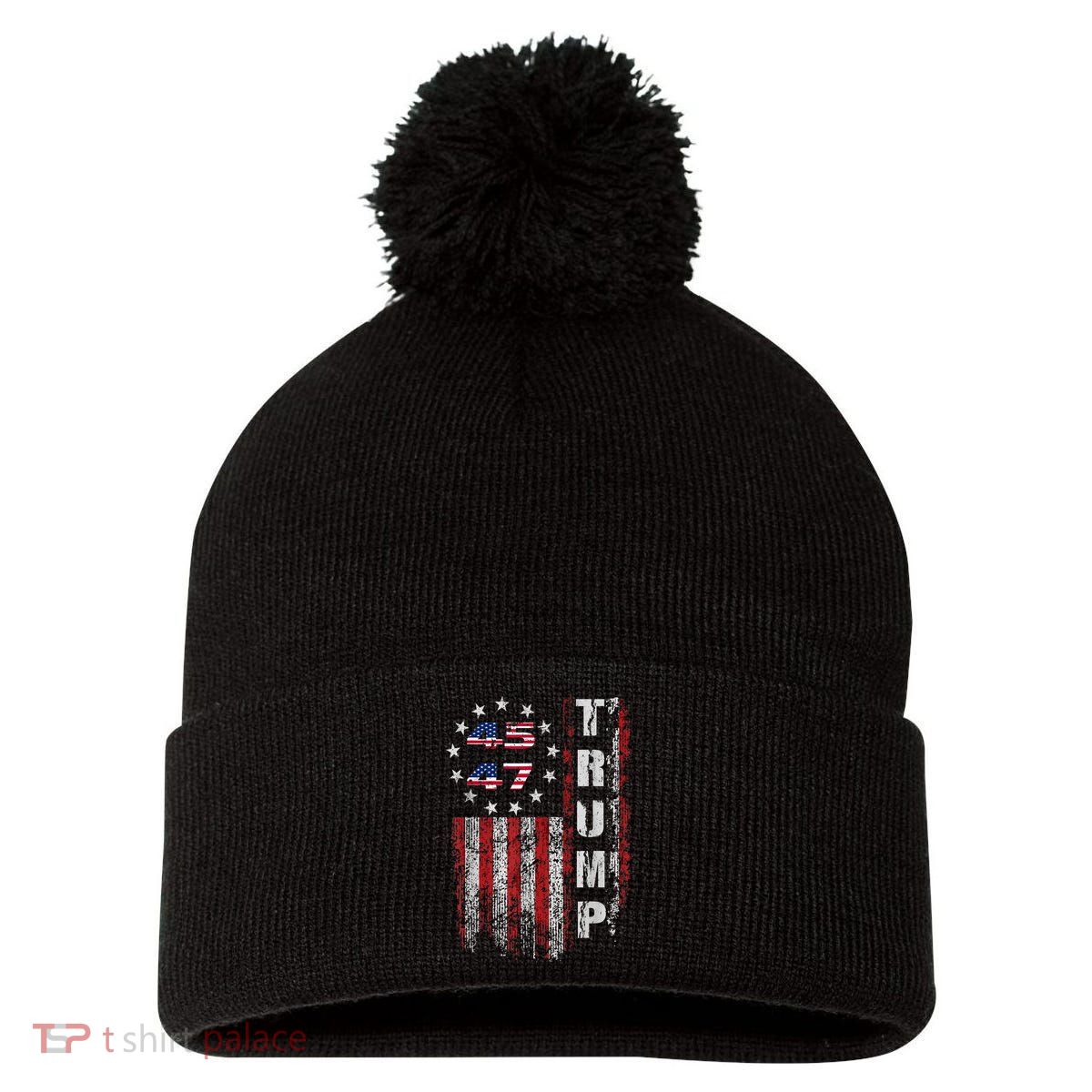 American Made Trump Merchandise Trump 45 47 Flag 2025 Pom Pom 12in Knit Beanie
