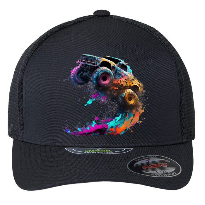 Airborne Monster Truck Jump Off Road Vehicle Colorful Dirt Flexfit Unipanel Trucker Cap