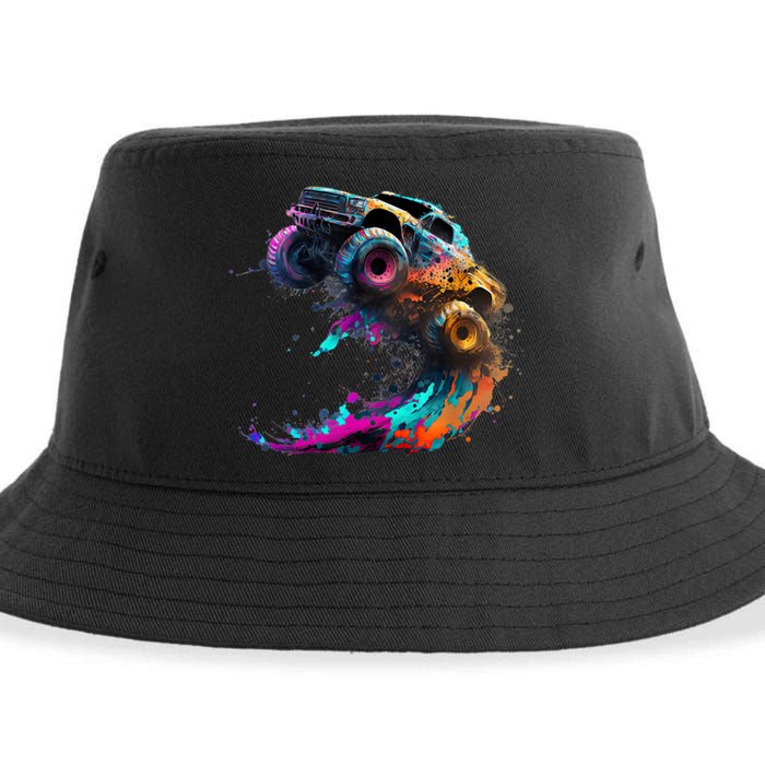 Airborne Monster Truck Jump Off Road Vehicle Colorful Dirt Sustainable Bucket Hat