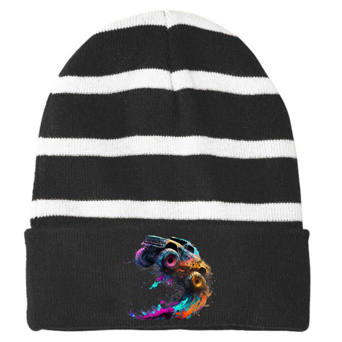 Airborne Monster Truck Jump Off Road Vehicle Colorful Dirt Striped Beanie with Solid Band