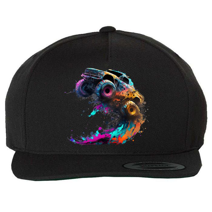 Airborne Monster Truck Jump Off Road Vehicle Colorful Dirt Wool Snapback Cap