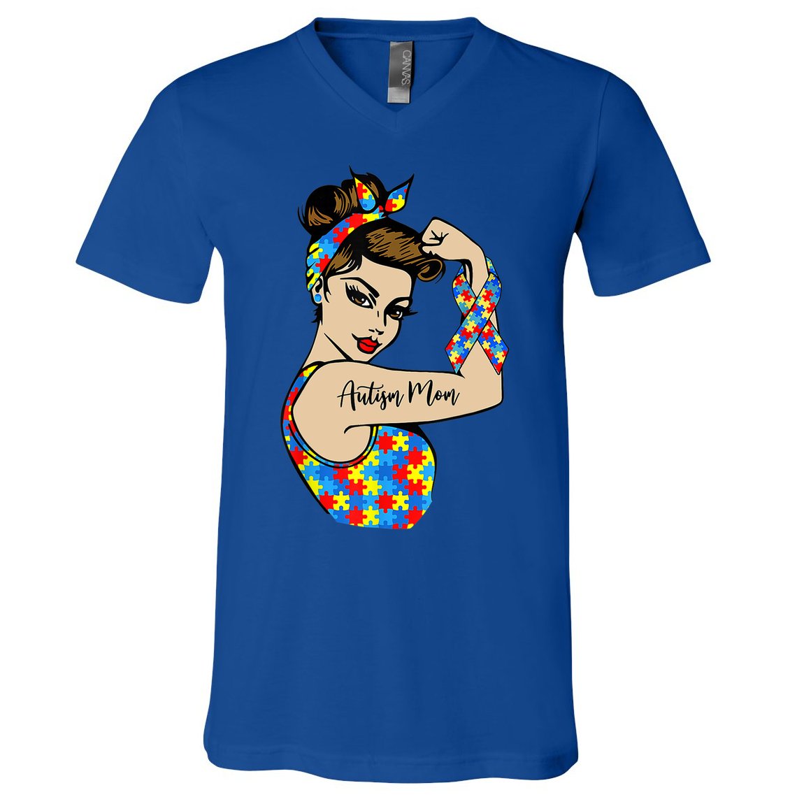 Autism Mom Unbreakable Rosie The Riveter Strong Woman Power Gift V-Neck T-Shirt