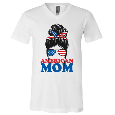 American Mom Usa Hair Bun V-Neck T-Shirt