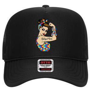 Autism Mom Unbreakable Rosie The Riveter Strong Woman Power High Crown Mesh Back Trucker Hat