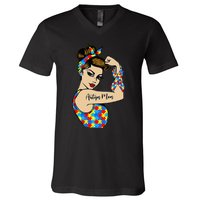 Autism Mom Unbreakable Rosie The Riveter Strong Woman Power V-Neck T-Shirt