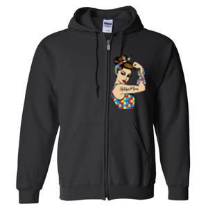 Autism Mom Unbreakable Rosie The Riveter Strong Woman Power Full Zip Hoodie